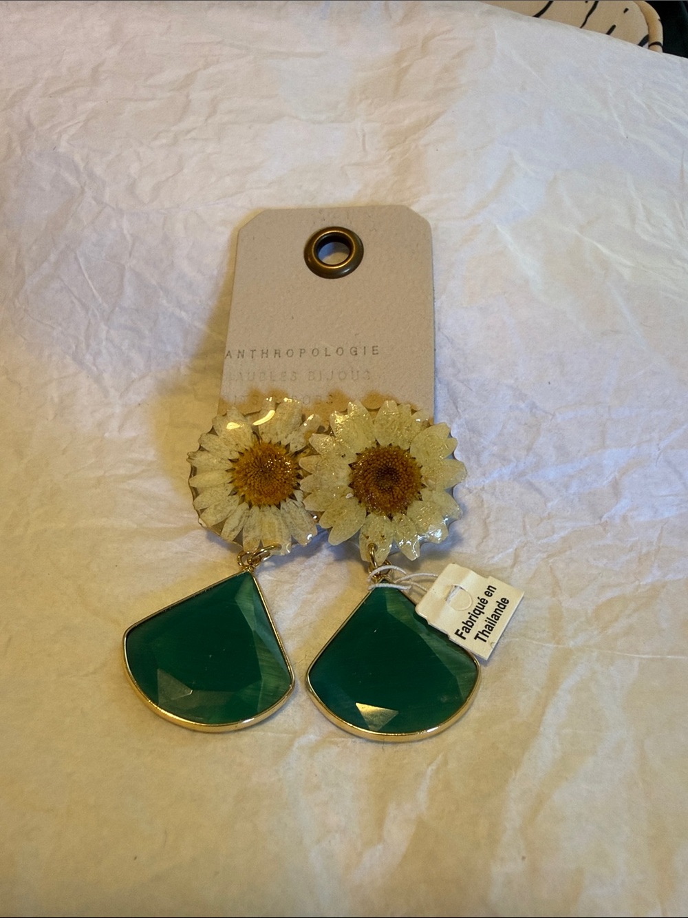 Anthropologie Cream Sunflower & Green Teardrop Statement Earrings